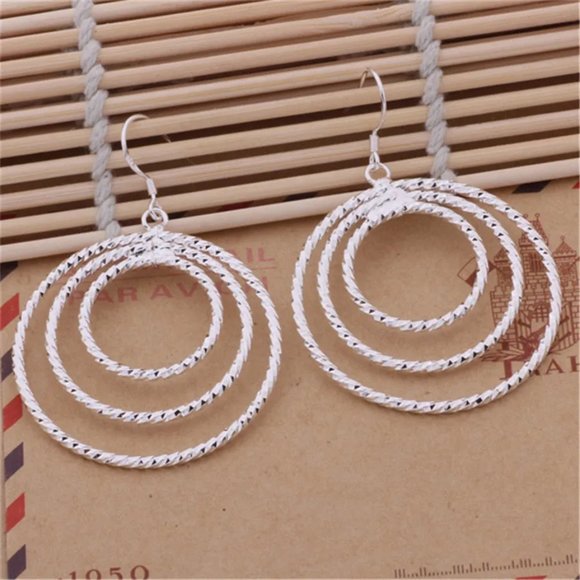 Gorgeous 3 Circles Hanging Earrings, Solid Sterling Silver "Hypoallergenic" - Picture 4 of 9
